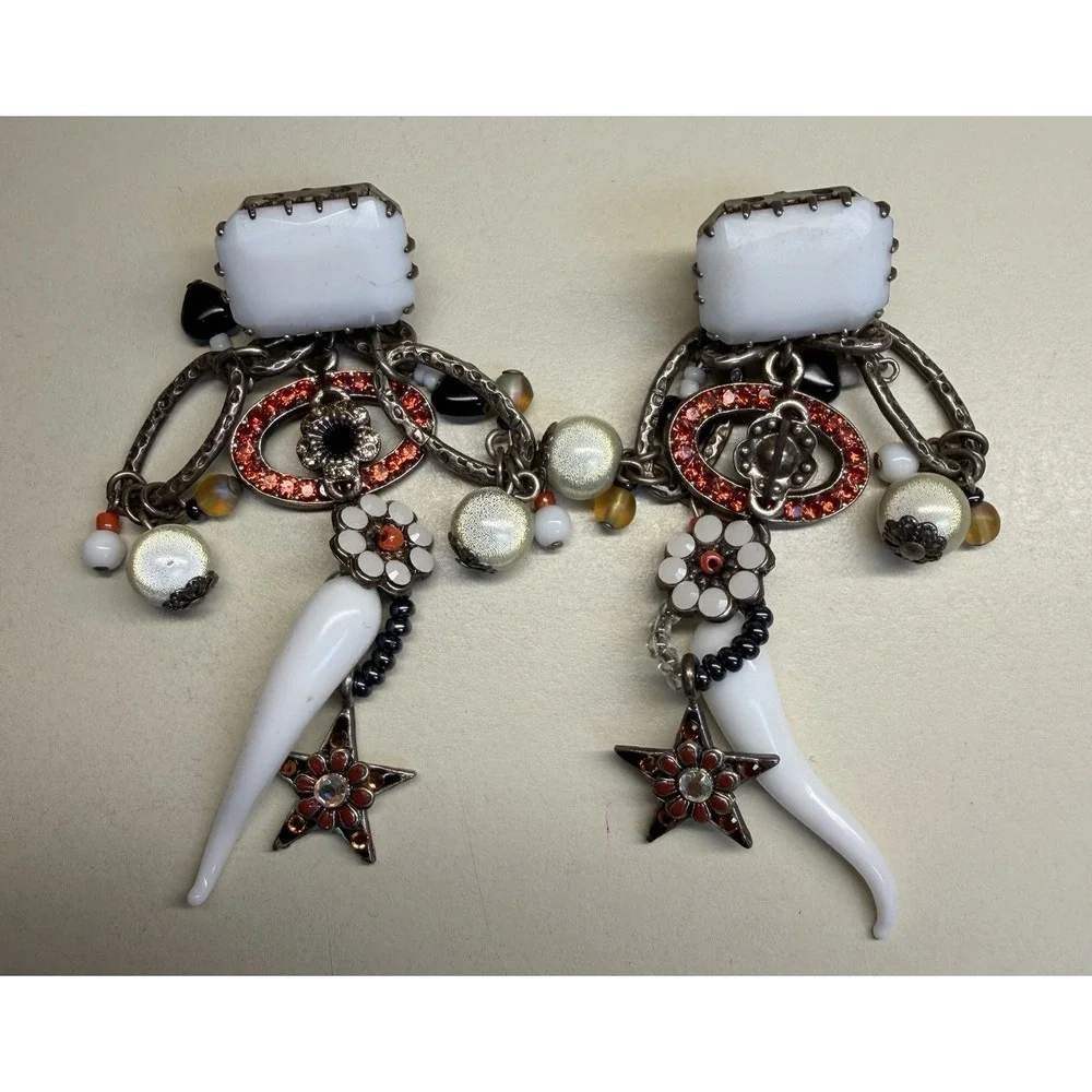 Unmarked Designer Artisan Glass Horn‎ Drop Earrings Evil Eye Star Charm Boho 3